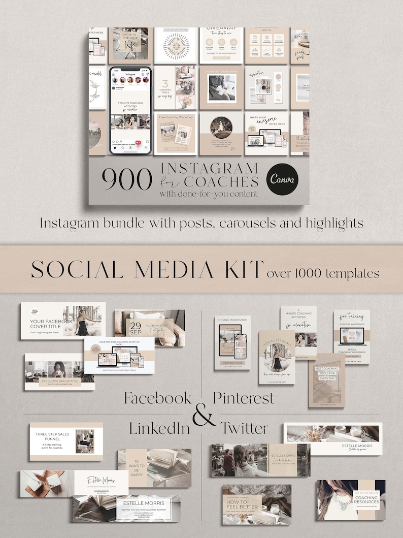 Coaching Business Start Up Toolkit Canva template bundle. All content written and done for you. Coaching business templates, social media templates, coach lead magnet templates, coach webinar templates, sales landing page templates, email templates