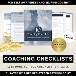May include: A digital product listing for 10 coaching checklists for self-discovery and awareness. The image features a blue and gold marble background with the text "10 Coaching Checklists" and "FOR SELF DISCOVERY & AWARENESS". The image also includes a gold seal with the text "2000+ REVIEWS" and a white circle with the text "MADE IN Canva".