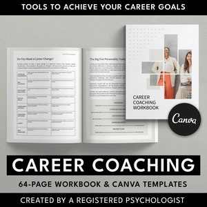 May include: A 64-page workbook and Canva templates for career coaching, created by a registered psychologist. The workbook features a section on identifying if you need a career change and a section on the Big Five Personality Traits. The cover features a photo of two women standing together.