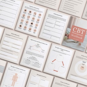 May include: A workbook titled "CBT Menopause Workbook" with a pink cover and a floral design. The workbook is open to a page with a diagram of a circle of influence.