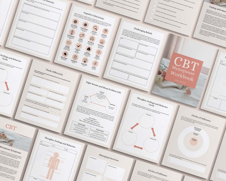 May include: A workbook titled "CBT Menopause Workbook" with a pink cover and a floral design. The workbook is open to a page with a diagram of a circle of influence.