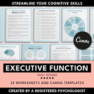 Puede incluir: Una descarga digital de un libro de trabajo y plantillas de Canva para ayudar a optimizar las habilidades cognitivas. El libro de trabajo incluye información sobre disfunción ejecutiva, funciones ejecutivas clave y la corteza prefrontal. Las plantillas de Canva incluyen hojas de trabajo para el control emocional, la organización, el control de los impulsos, la memoria de trabajo y la autosupervisión. El título del producto es "Función ejecutiva" e incluye el texto "2000+ reseñas" y "32 hojas de trabajo y plantillas de Canva". El producto está creado por un psicólogo registrado.
