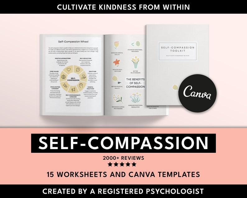 self compassion, self-compassion, canva templates, therapy tool, therapy workbook, therapy worksheets, therapist resources, therapy resources, counselor resources, counselor worksheets, counselor tool, miri campbell