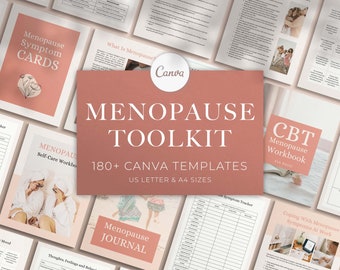 May include: A pink and white digital product mockup with the text "Menopause Toolkit" and "180+ Canva Templates". The mockup shows various printable templates for managing menopause symptoms, including a symptom tracker, self-care workbook, journal, and coping strategies.