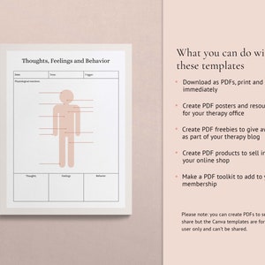 May include: Printable worksheet titled "Thoughts, Feelings and Behavior" with a stick figure illustration and sections for thoughts, feelings, and behavior. The worksheet is designed for therapy and includes a section for physiological reactions, time, and trigger.