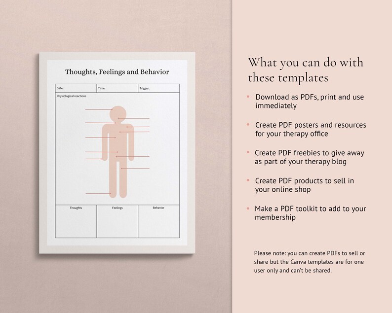 May include: Printable worksheet titled "Thoughts, Feelings and Behavior" with a stick figure illustration and sections for thoughts, feelings, and behavior. The worksheet is designed for therapy and includes a section for physiological reactions, time, and trigger.