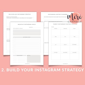 May include: A printable Instagram strategy planner with sections for building an Instagram strategy, monthly goals, action steps, deadlines, notes, and a yearly content planner. The planner includes the text "Miri Campbell" and "Yearly Instagram Content Planner".
