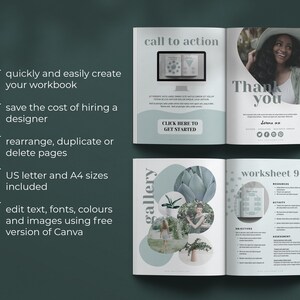 Puede incluir: Una plantilla de cuaderno de trabajo con un esquema de color verde y blanco. La portada presenta una llamada a la acci&oacute;n para hacer clic para comenzar. Las p&aacute;ginas interiores muestran una galer&iacute;a de im&aacute;genes y una hoja de trabajo con el t&iacute;tulo "worksheet 9".