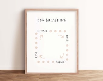 May include: A printable poster with a white background and a brown wooden frame. The poster features a diagram of a box breathing technique with the words "INHALE", "HOLD", "EXHALE", and "REST" written in black.