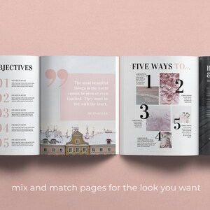 Pode incluir: Uma revista aberta com fundo rosa. A p&aacute;gina da esquerda tem uma lista de objetivos com os n&uacute;meros de 1 a 5. A p&aacute;gina da direita tem uma cita&ccedil;&atilde;o sobre beleza e uma se&ccedil;&atilde;o intitulada "Cinco maneiras de..." com os n&uacute;meros de 1 a 5.