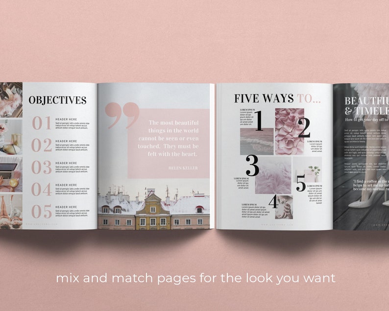 Pode incluir: Uma revista aberta com fundo rosa. A p&aacute;gina da esquerda tem uma lista de objetivos com os n&uacute;meros de 1 a 5. A p&aacute;gina da direita tem uma cita&ccedil;&atilde;o sobre beleza e uma se&ccedil;&atilde;o intitulada "Cinco maneiras de..." com os n&uacute;meros de 1 a 5.