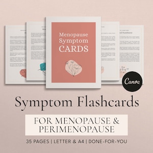 Op de afbeelding: Een set van 35 printbare flashcards voor menopauze en perimenopauze. De kaarten zijn ontworpen met een roze achtergrond en bevatten een bloemige illustratie. De tekst op de kaarten luidt "Menopause Symptom Cards".