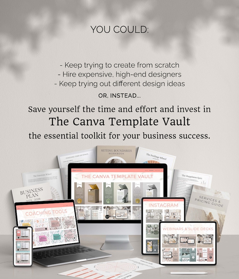 Canva Template Vault - professionally designed coaching tools, mental health resources, lead magnets, business plans, opt-in freebies, ebooks, workbooks, webinars, online courses plus Instagram, and other social media graphics. Create in minutes.