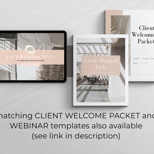 K&ouml;nnte beinhalten: Ein digitales Mockup eines Webinar- und Lead-Magnet-Templates. Die Webinar-Vorlage zeigt einen hellbraunen Weidenkorb und einen wei&szlig;en Hintergrund mit dem Text "YOUR WEBINAR TITLE" und "Your tagline with some extra information". Die Lead-Magnet-Vorlage zeigt einen wei&szlig;en Hintergrund mit dem Text "Lead Magnet Title" und "Create an irresistible lead magnet". Die Vorlage f&uuml;r das Willkommenspaket f&uuml;r Kunden zeigt einen wei&szlig;en Hintergrund mit dem Text "Client Welcome Packet" und "CLIENT: Jennifer Eaton, DATE: 01/01/2023".