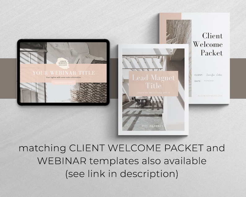 K&ouml;nnte beinhalten: Ein digitales Mockup eines Webinar- und Lead-Magnet-Templates. Die Webinar-Vorlage zeigt einen hellbraunen Weidenkorb und einen wei&szlig;en Hintergrund mit dem Text "YOUR WEBINAR TITLE" und "Your tagline with some extra information". Die Lead-Magnet-Vorlage zeigt einen wei&szlig;en Hintergrund mit dem Text "Lead Magnet Title" und "Create an irresistible lead magnet". Die Vorlage f&uuml;r das Willkommenspaket f&uuml;r Kunden zeigt einen wei&szlig;en Hintergrund mit dem Text "Client Welcome Packet" und "CLIENT: Jennifer Eaton, DATE: 01/01/2023".