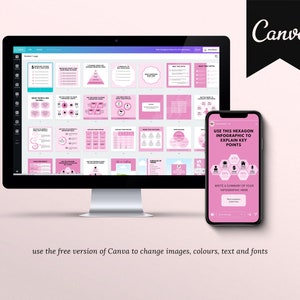 May include: A computer monitor and smartphone display a pink and white Canva presentation. The monitor shows various infographic templates. The smartphone displays a hexagon infographic with the text "USE THIS HEXAGON INFOGRAPHIC TO EXPLAIN KEY POINTS."