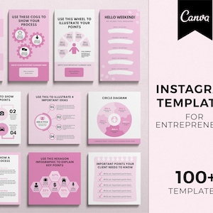 May include: A collection of pink and white Instagram templates for entrepreneurs. The templates include charts, diagrams, and infographics to illustrate ideas and processes. The Canva logo and the text "100+ TEMPLATES" are also visible.