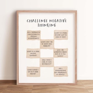 May include: A framed print with the text "CHALLENGE NEGATIVE THINKING" in black. The print includes prompts like "Am I jumping to conclusions?" and "What is a more positive way to look at this?" The frame is a light brown color.