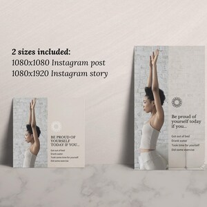 May include: A motivational quote graphic for Instagram with a woman in a yoga pose. The quote reads "Be proud of yourself today if you... Got out of bed, Drank water, Took some time for yourself, Did some exercise".