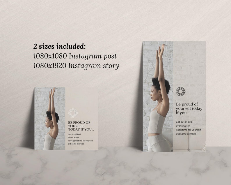 May include: A motivational quote graphic for Instagram with a woman in a yoga pose. The quote reads "Be proud of yourself today if you... Got out of bed, Drank water, Took some time for yourself, Did some exercise".