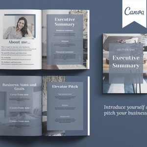 Canva template Business Plan with front covers, executive summary, vision and mission, business aims and goals, problems and solutions, products and services, competitor analysis, operations and logistics, costs, pricing, financial forecast templates