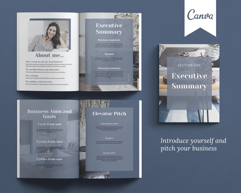Canva template Business Plan with front covers, executive summary, vision and mission, business aims and goals, problems and solutions, products and services, competitor analysis, operations and logistics, costs, pricing, financial forecast templates
