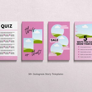 May include: A collection of pink Instagram story templates with various designs. One template says "QUIZ" with numbered questions. Another says "this or that?" with image placeholders. Other templates say "SALE" and "5 WAYS YOU CAN GROW YOUR BIZ".