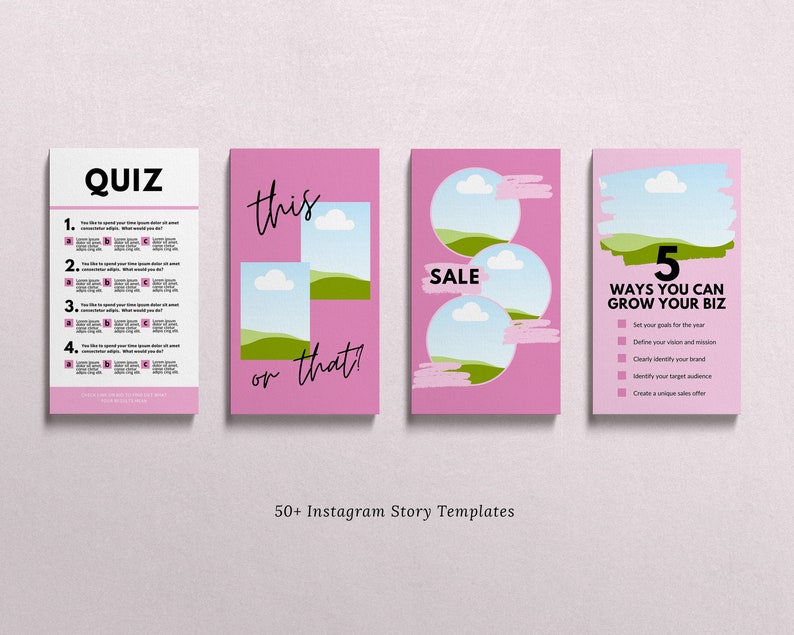 May include: A collection of pink Instagram story templates with various designs. One template says "QUIZ" with numbered questions. Another says "this or that?" with image placeholders. Other templates say "SALE" and "5 WAYS YOU CAN GROW YOUR BIZ".