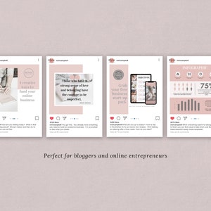 May include: Four Instagram post templates with pink and white backgrounds. The first post features a hand writing in a notebook with the text "I creative ways to fund your online business". The second post features a quote about having a strong sense of love and belonging. The third post features a phone and tablet with the text "Grab your free business start-up pack". The fourth post features an infographic with the text "INFOGRAPHIC" and "75%".