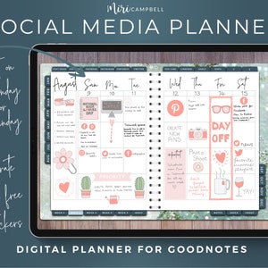 May include: A digital planner for the Goodnotes app, featuring a pink and white colour scheme. Designed for social media scheduling, it includes a calendar, to-do list, and space for notes. The planner is decorated with stickers and includes a variety of icons and graphics.