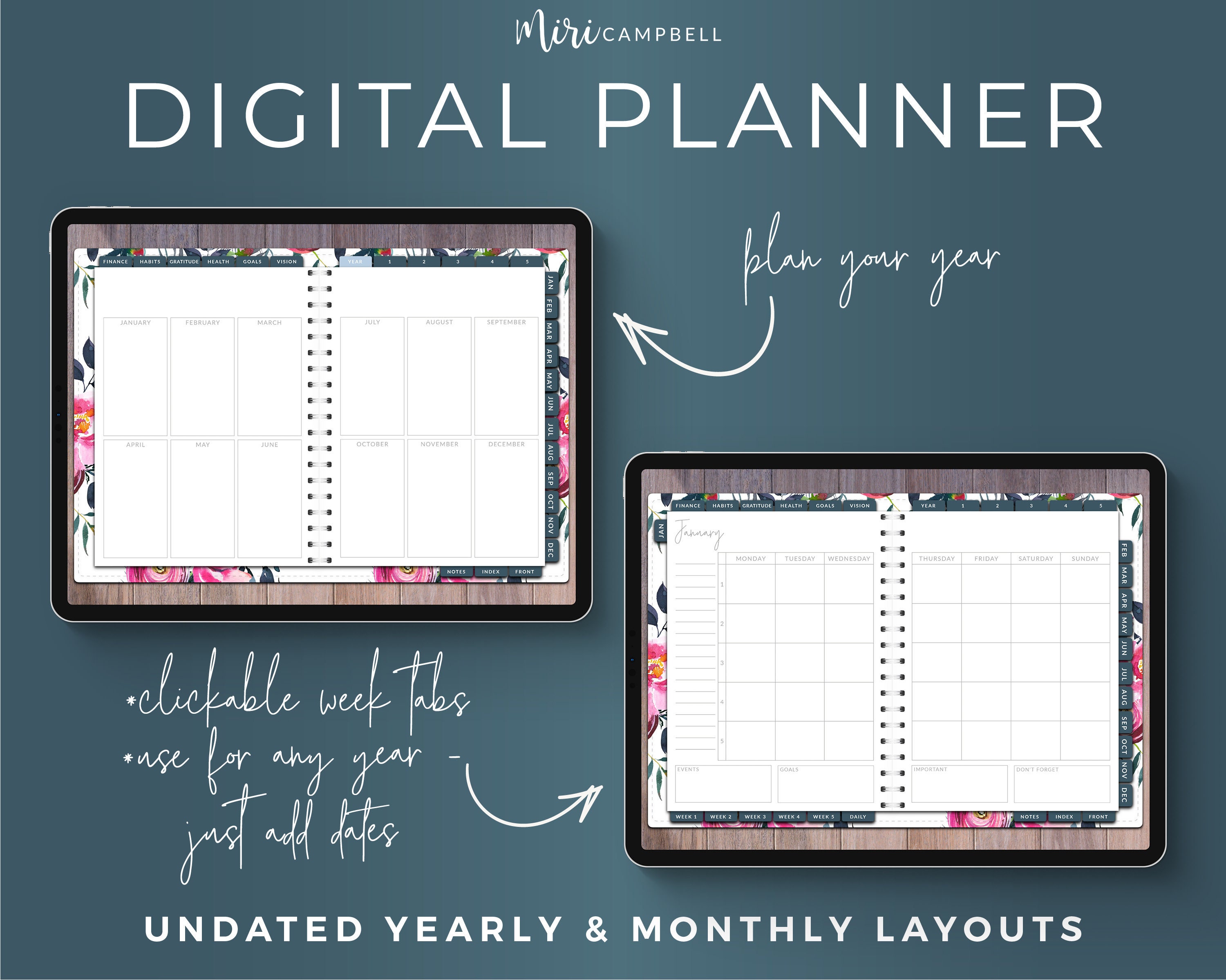 IPad Planner Undated Digital Planner Digital Trackers Etsy