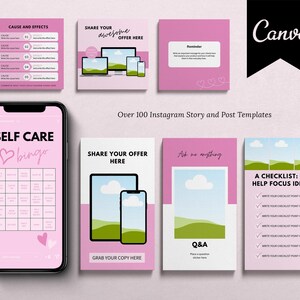 May include: A collection of pink and white Instagram story and post templates. The templates include designs for self-care bingo, checklists, Q&A, and sharing offers. The Canva logo is visible in the upper right corner. Text includes "Over 100 Instagram Story and Post Templates."