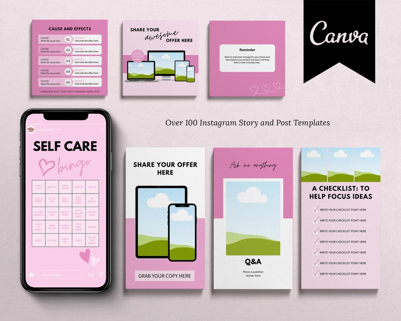 May include: A collection of pink and white Instagram story and post templates. The templates include designs for self-care bingo, checklists, Q&A, and sharing offers. The Canva logo is visible in the upper right corner. Text includes "Over 100 Instagram Story and Post Templates."
