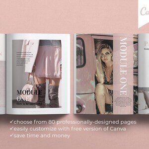 Pode incluir: Uma maquete de revista rosa e branca com o texto "MODULE ONE" e "How to be successful" na capa. A revista est&aacute; aberta em uma p&aacute;gina com uma foto de uma mulher com um vestido rosa sentada em um carro rosa. O texto "MODULE ONE" tamb&eacute;m est&aacute; nesta p&aacute;gina. A revista est&aacute; sobre um fundo rosa com o texto "Canva" em uma caixa rosa.