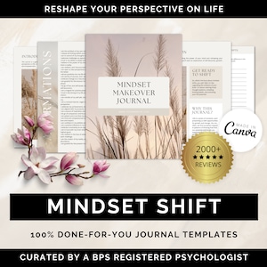 Könnte beinhalten: Ein digitales Journal-Cover mit beigefarbenem Hintergrund und einem Foto von hohem Gras. Der Text "MINDSET MAKEOVER JOURNAL" ist in schwarzer Schrift. Der Text "RESHAPE YOUR PERSPECTIVE ON LIFE" ist in schwarzer Schrift oben im Bild. Der Text "2000+ REVIEWS" ist in weißer Schrift auf einem goldenen Sternsiegel. Der Text "MADE IN CANVA" ist in weißer Schrift auf einem Kreis mit beigefarbenem Hintergrund.
