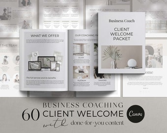May include: A beige and white business coaching client welcome packet with the text "Business Coach Client Welcome Packet" on the front cover. The packet includes a variety of resources to help clients get started with their coaching journey.
