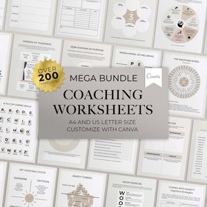 Puede incluir: Una colección de hojas de trabajo de entrenamiento imprimibles en un esquema de color beige y blanco. Las hojas de trabajo están diseñadas para ser utilizadas con Canva e incluyen una variedad de temas como habilidades de afrontamiento, ansiedad y valores fundamentales. El texto "MEGA BUNDLE COACHING WORKSHEETS" se muestra en una fuente grande sobre un fondo gris.