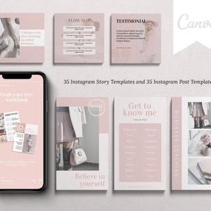 May include: A collection of 35 Instagram story templates and 35 Instagram post templates for business coaching. The templates feature a pink and white color scheme with text overlays and images of a woman in a white dress and a bouquet of flowers.