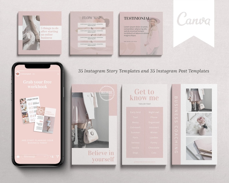 May include: A collection of 35 Instagram story templates and 35 Instagram post templates for business coaching. The templates feature a pink and white color scheme with text overlays and images of a woman in a white dress and a bouquet of flowers.