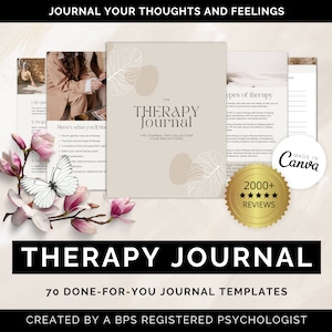 Puede incluir: Una descarga digital de un diario de terapia con 70 plantillas imprimibles. La portada del diario presenta un fondo beige con un diseño floral y el texto "The Therapy Journal: The Journal for Collecting Your Reflections". El diario está creado por un psicólogo registrado en BPS.