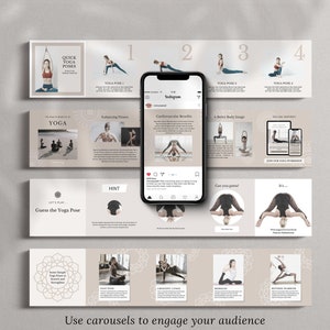 May include: A beige and brown Instagram carousel template for a yoga studio. The template features images of yoga poses and text about the benefits of yoga. The text includes "Enhancing Fitness", "Cardiovascular Benefits", "A Better Body Image", and "Feeling Inspired? Join our Yoga Workshop".