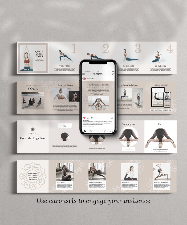 May include: A beige and brown Instagram carousel template for a yoga studio. The template features images of yoga poses and text about the benefits of yoga. The text includes "Enhancing Fitness", "Cardiovascular Benefits", "A Better Body Image", and "Feeling Inspired? Join our Yoga Workshop".