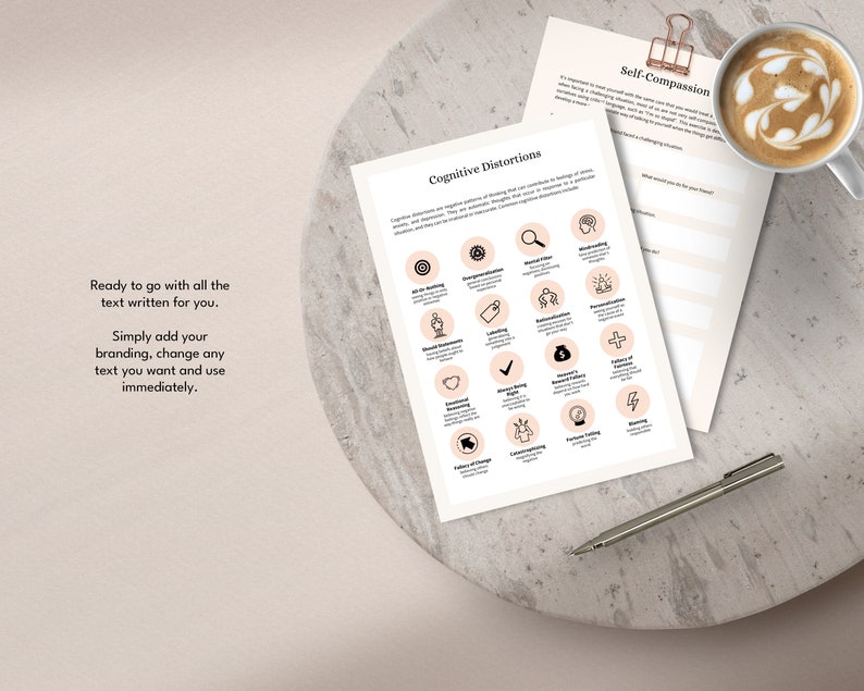 May include: Two printable worksheets with a light pink background. The first worksheet is titled "Cognitive Distortions" and features a grid of 16 icons representing different cognitive distortions. The second worksheet is titled "Self-Compassion" and has a section for journaling.