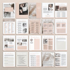 K&ouml;nnte beinhalten: Eine digitale Planervorlage mit beigefarbenem Hintergrund und rosa Akzenten. Die Vorlage enth&auml;lt eine Checkliste, ein Spickzettel, ein Arbeitsblatt und eine Swipe-Datei. Der Text "Lead Magnet Title" befindet sich oben auf der Seite.