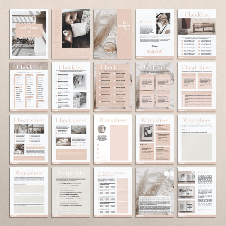 K&ouml;nnte beinhalten: Eine digitale Planervorlage mit beigefarbenem Hintergrund und rosa Akzenten. Die Vorlage enth&auml;lt eine Checkliste, ein Spickzettel, ein Arbeitsblatt und eine Swipe-Datei. Der Text "Lead Magnet Title" befindet sich oben auf der Seite.