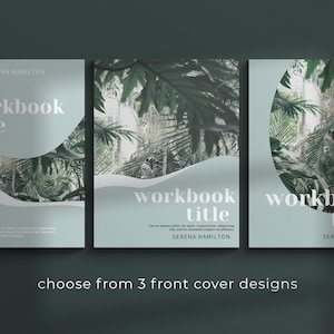 Puede incluir: Tres dise&ntilde;os de portada diferentes para un libro de trabajo titulado "workbook title" de Serena Hamilton. Las portadas presentan una escena de jungla tropical con un fondo azul claro y texto blanco.