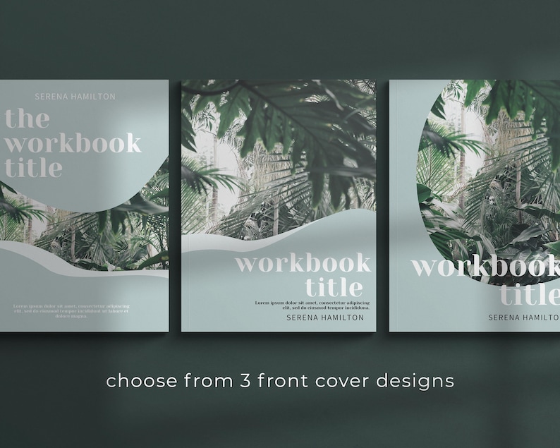 Puede incluir: Tres dise&ntilde;os de portada diferentes para un libro de trabajo titulado "workbook title" de Serena Hamilton. Las portadas presentan una escena de jungla tropical con un fondo azul claro y texto blanco.