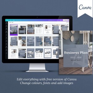 Canva template Business Plan with front covers, executive summary, vision and mission, business aims and goals, problems and solutions, products and services, competitor analysis, operations and logistics, costs, pricing, financial forecast templates