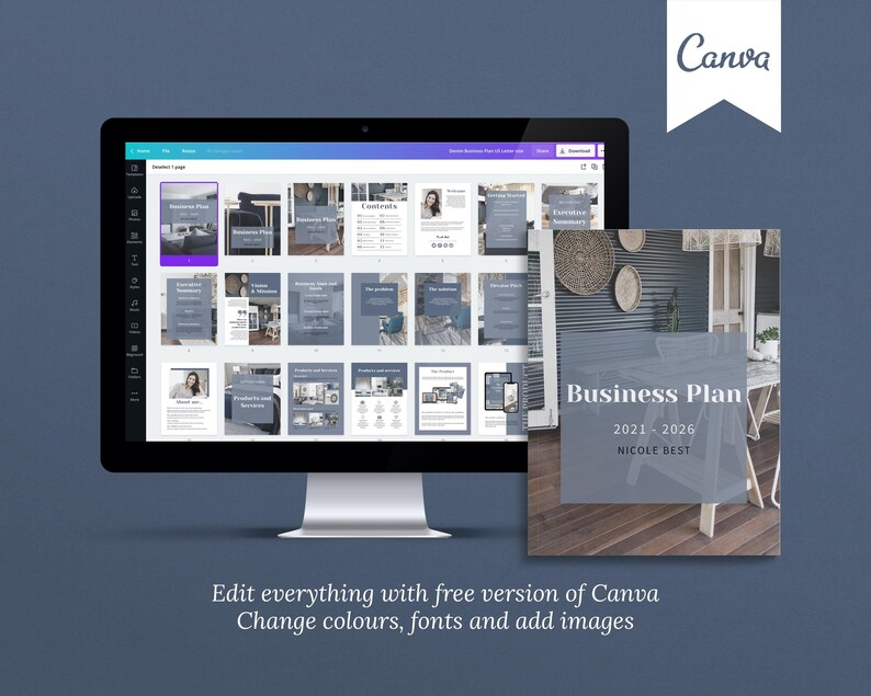 Canva template Business Plan with front covers, executive summary, vision and mission, business aims and goals, problems and solutions, products and services, competitor analysis, operations and logistics, costs, pricing, financial forecast templates