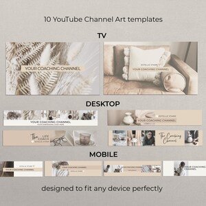 May include: Ten YouTube channel art templates designed to fit any device. The templates feature a neutral colour palette with beige, brown, and white tones. The text "YOUR COACHING CHANNEL" appears on each template.